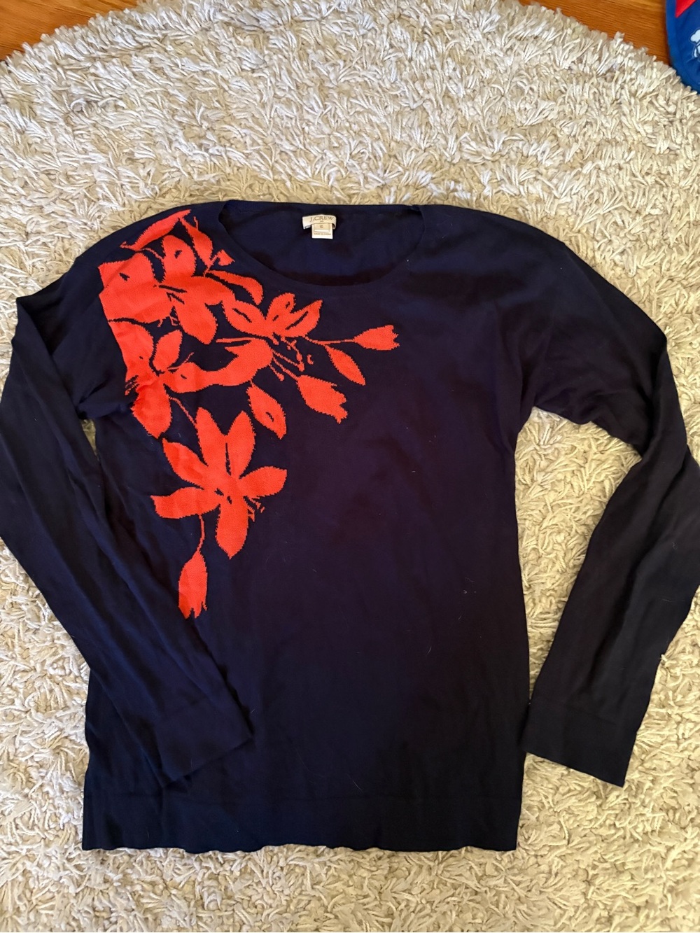 J. Crew Navy Crewneck Sweater with Red Floral Accent